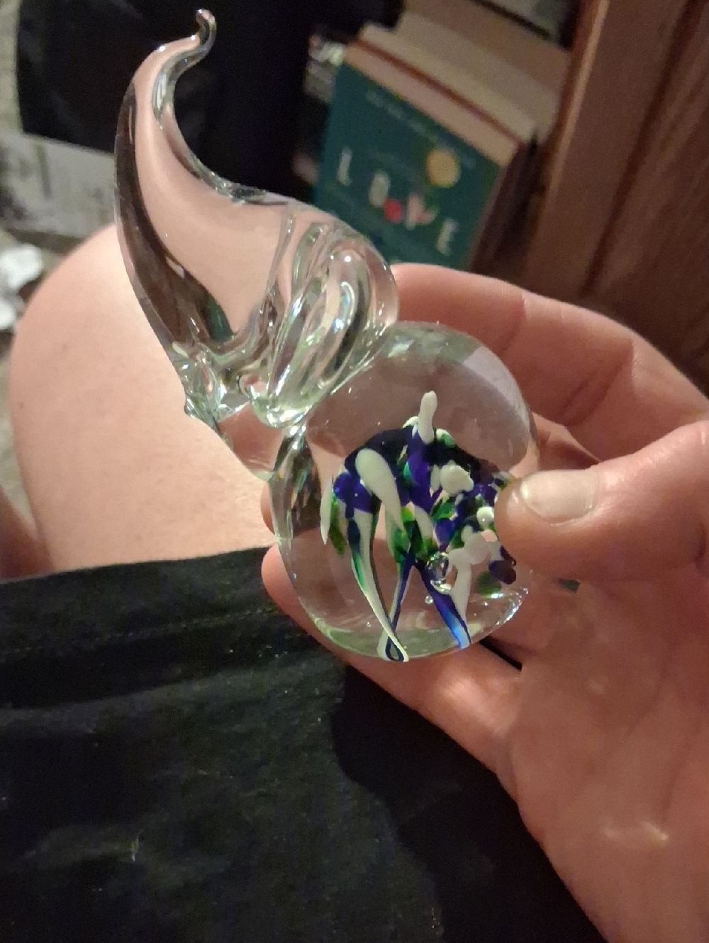 Handblown Glass Elephant Paperweight - Clear with Blue, Green & White Accent